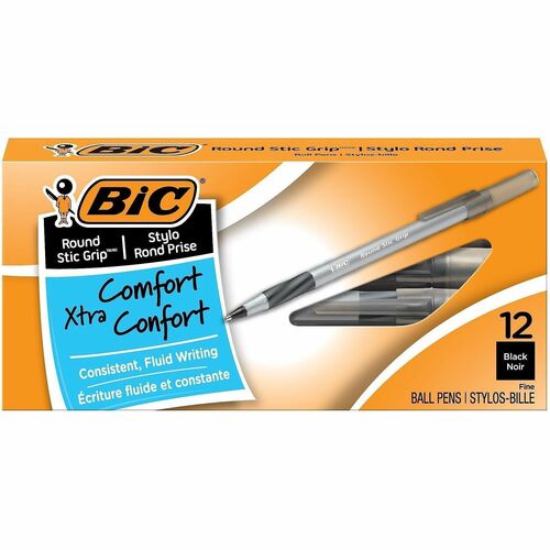 Bic  Round Stic Pens,Comfort Grip,Fine Point,1 DZ,GY Barrel/BKInk