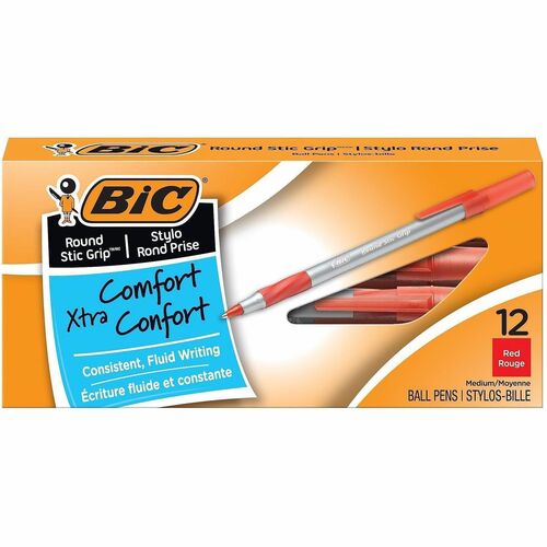 Bic  Round Stic Pen,Comfort Grip,Nonrefill,Med Pt, RD Ink