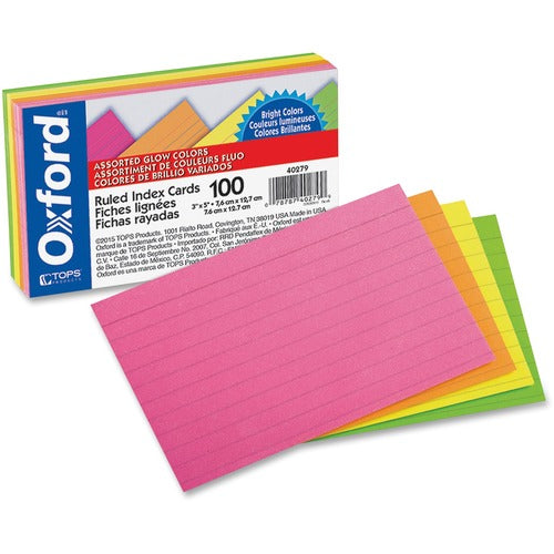Oxford  Index Cards, Packaged, 3"x5", Ruled, 100/PK, Assorted Glow