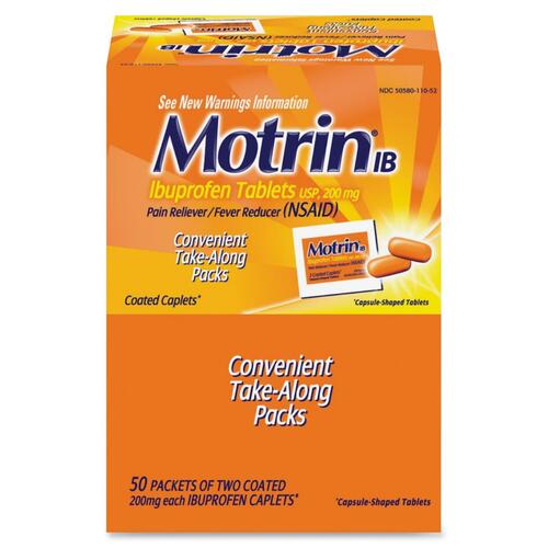 Johnson & Johnson  Motrin IB Tablets, Pain Reliever, 2/PK, 50/BX,Orange