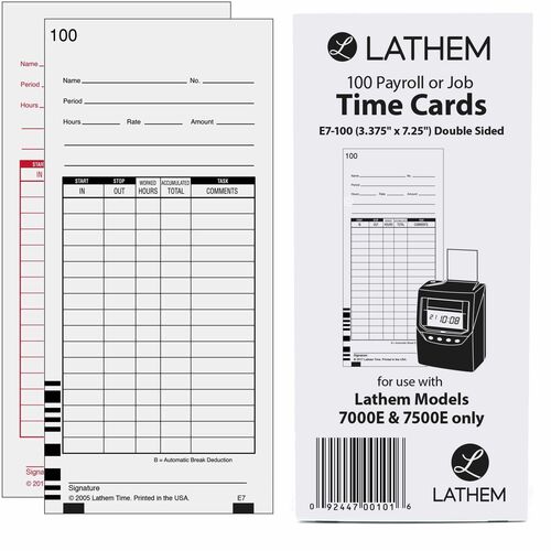 Lathem  Time Cards, 2 Sided, Numbered 1-100, 100/PK,7"H, White