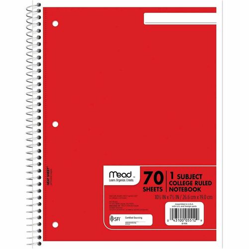 Mead  Notebook, Spiral, 1-Subject, 70 Sht, 8"x10-1/2",AST
