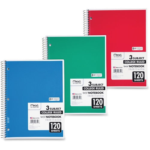 Mead  Spiral Notebk,3 Subject,College Ruled,120 Sht,8-1/2"x11",AST