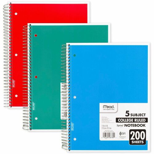 Mead  Spiral Notebk,5 Subject,College Ruled,200 Sht,8-1/2"x11",AST