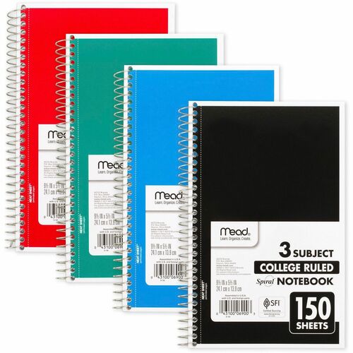Mead  Spiral Notebk,3 Sub,College Rld,150 Sht,9-1/2"x5-1/2",AST