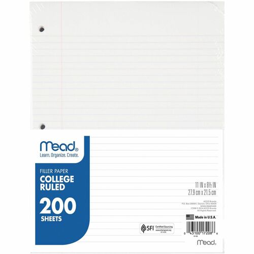 Mead  Notebook Paper, 3HP,College Ruled, 200 Sht/PK,8-1/2"x11", WE