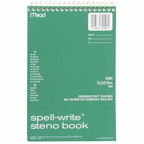 Mead  Steno Book, Gregg Ruled, 6"x9", 80Sh, Green Paper
