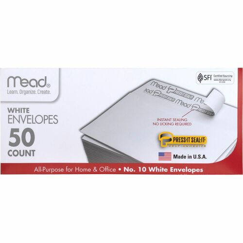 Mead  Plain Envelopes, No 10, Self-Sealing, 50/BX, White