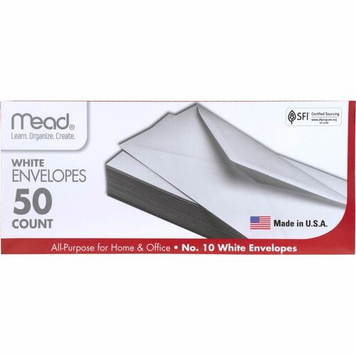 Mead  Plain Envelopes, Gummed, No 10, 50/BX, White