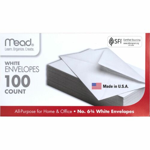 Mead  Plain Envelopes, Gummed, No 6-3/4, 100/BX, White