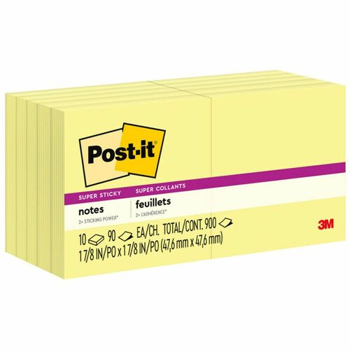 3M  Super Sticky Pads, 90 Sheets/PD, 2"x2", 10/PK, Canary