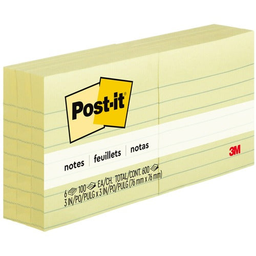 3M  Post-it Notes, Lined, 100 Sht/Pad, 3"x3", 6/PK, Yellow