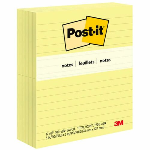 3M  Post-it Notes, Lined, 100 Sht/Pad, 3"x5", 12/PK, Yellow