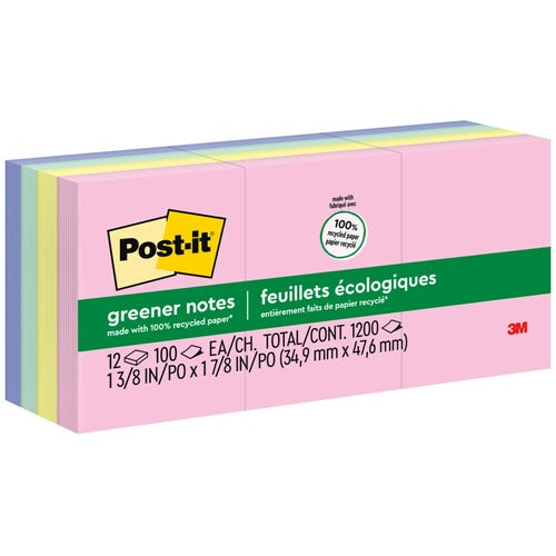 3M  Post-it Notes,Recycled,1-1/2"x2",100Sht/PD,12/PK,Helsinki