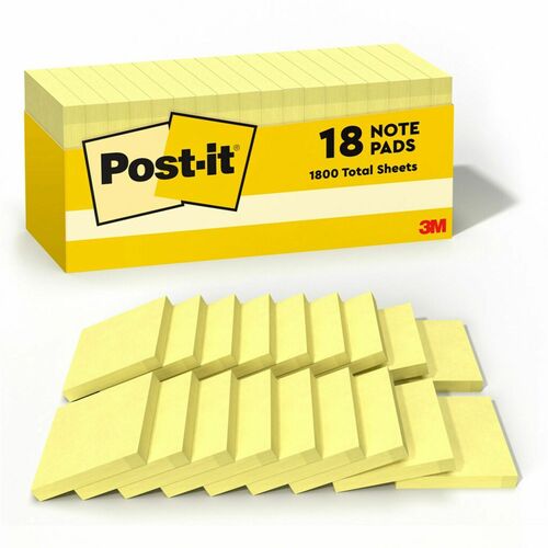 3M  Post-it Notes,Cabinet Pk, 3"x3", 90 Shts/Pad, 18/PK, Canary