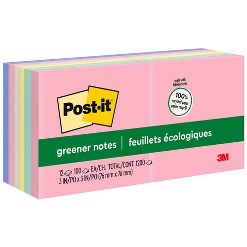 3M  Post-it Notes,Recycled,3"x3",100Sht,12/PK,AST Helsinki