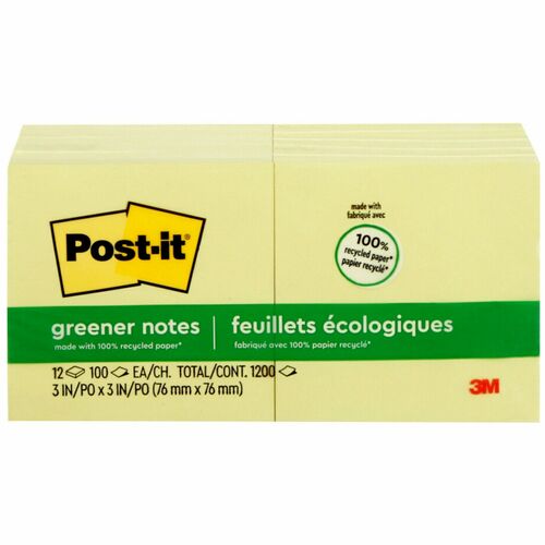 3M  Post-it Notes, Original, 3"x3", 100 Sh/PD, 12/PK, Canary YW