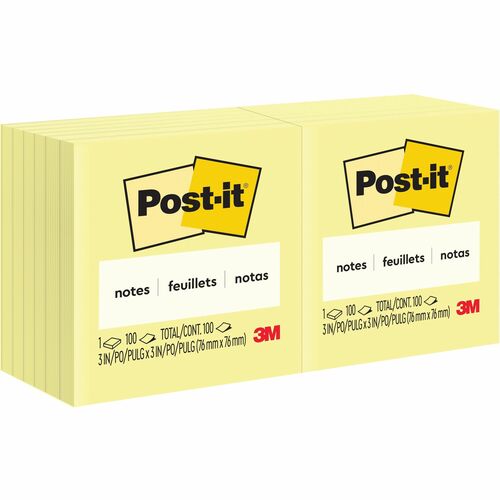 3M  Post-it Notes,Original Pads,3"x3",100/SH/PD,12/PK,Canary