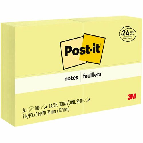 3M  Post-it Notes, 100 Sheets/Pad, 24/PK, 3"x5", Canary