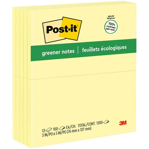 3M  Post-it Notes, Original, 3"x5", 100 Sh/PD, 12/PK, Canary YW