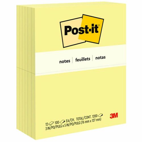 3M  Post-it Notes,Original Pads,3"x5",100 SH/PD,12/PK,Canary
