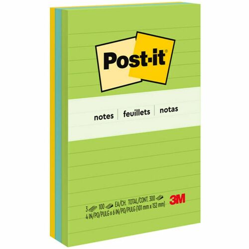3M  Post-it Notes, Lined, 4"x6",100 Sht/Pad, 3/PK, Jaipur