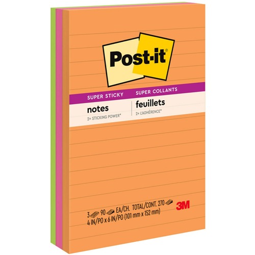 3M  Super Sticky Notes,Lined,90 Sht/Pad,4"x6",3/PK, Riodejaneiro