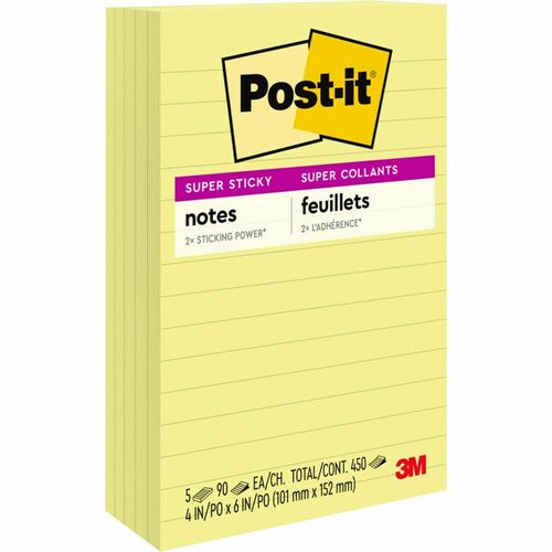 3M  Super Sticky Pads,Lined,90 Sheets/PD,4"x6",5/PK,Yellow
