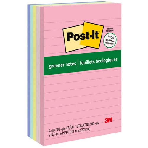 3M  Post-it Note Pads,Lined,Recycled,4"x6",90Sht,5/PK,Helsinki