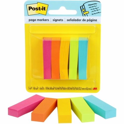 3M  Post-it Page Markers,1/2"x2", 100Sht/Strip,5/PK, Ast Bright