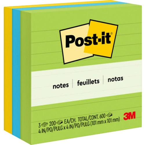 3M  Post-it Notes,Lined,4"x4",200 Sh/PD,3/PK,Assorted