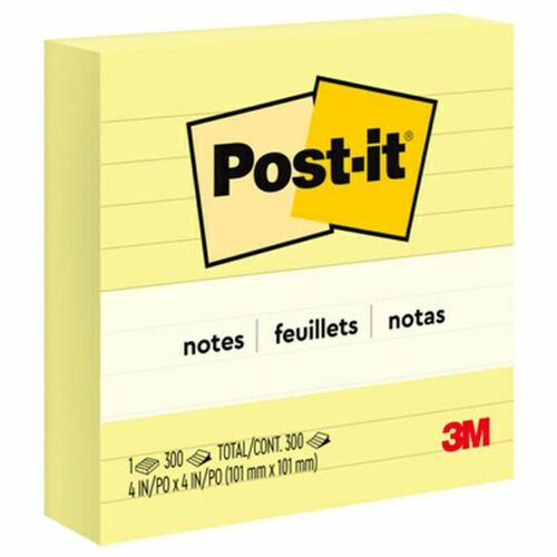 3M  Post-it Note Pad, Lined, 4"x4", 300 Sh/PD, 1/PD, Yellow