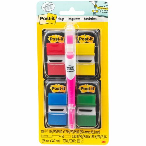 3M  Flags, 1", Bonus Pack Pen, Highlighter, 250/PK, Assorted