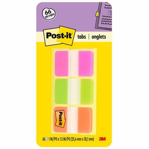 3M  Post-it Index Tabs, 1"Solid, 66Tabs/PK, Pink/Green/Orange