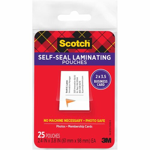 3M  Business Cards Laminating Pouches, 3-7/8"x2-7/8",25/PK,Clear