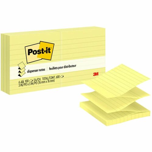3M  Pop-up Notes Refills,Lined,100 Shts/PD,3"x3", 6/PK, Yellow