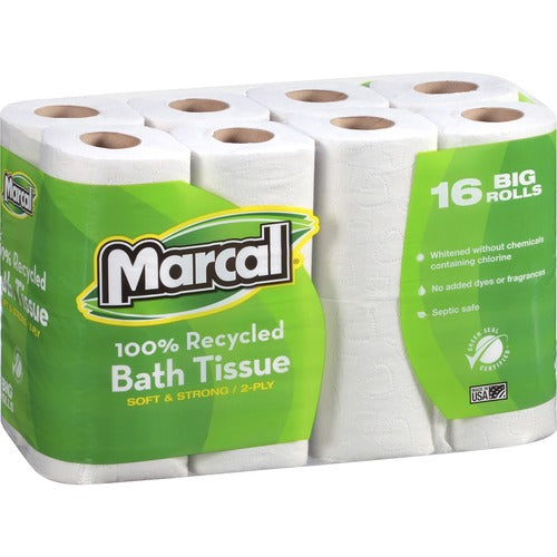 Marcal Paper Mills, Inc  Bathroom Tissue, 2-Ply, 168 Sheets/Roll, 16 Rolls/PK, White