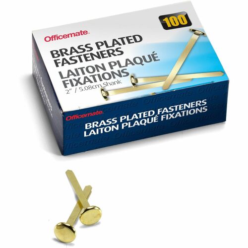 Officemate  Roundhead Fastener, 2" Shank, 1/2" Head, Brass Pltd, 100/BX