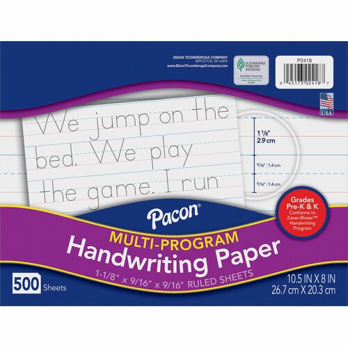 Pacon  Handwriting Paper,f/Pre-K&K,10-1/2"x8",1-1/8" Rld,500/RM,WE