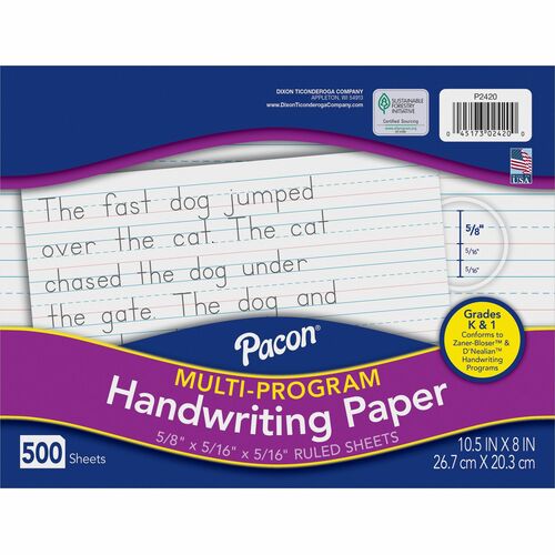 Pacon  Handwriting Paper,f/K&1st,10-1/2"x8",5/8" Rld,500/RM,WE