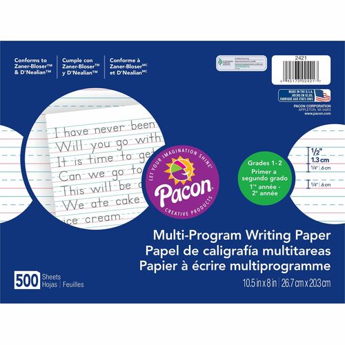 Pacon  Handwriting Paper, f/1st&2nd,10-1/2"x8",1/2" Rld,500/RM,WE