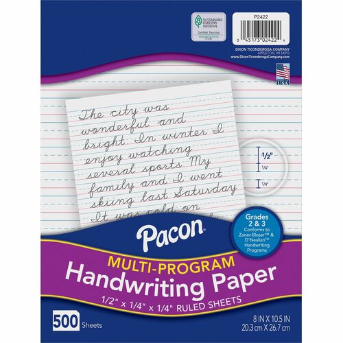 Pacon  Handwriting Paper,f/2nd&3rd,10-1/2"x8",1/2" Rld,500/RM,WE