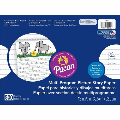 Pacon  Picture Story Paper,1/2" Ruled,12"x9",500 Sheets/RM,White