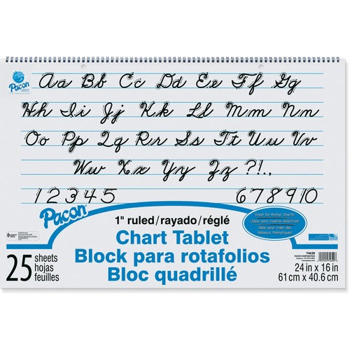 Pacon  Chart Tablet,Cursive Cover,1" Ruled,24"x16",25 Sht, WHT