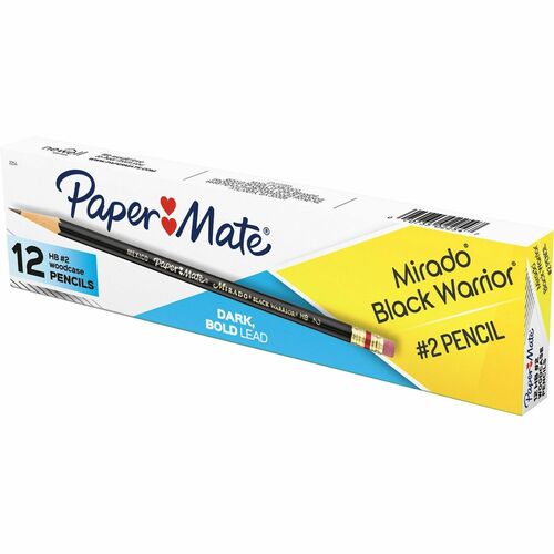 Paper Mate  Black Warrior Pencil, With Eraser,No 2 Soft Lead,1 DZ,Black