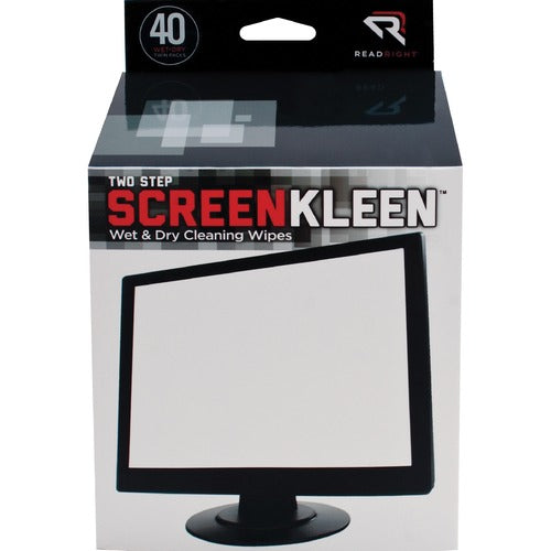 Read/Right  Screen Cleaning Pads, Twin Packs, Wet/Dry Wipes, 40 Sets/BX
