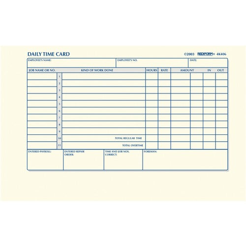 Rediform  Time Card Pads, f/Daily Time/2 Page, 4-1/4"x7", 100Sht, MLA