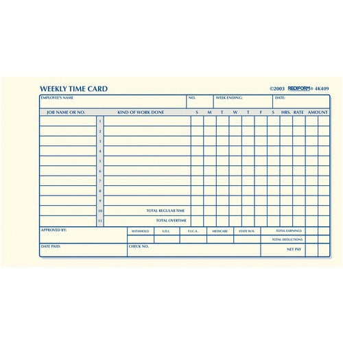 Rediform  Time Card Pads, f/Weekly Time, 4-1/4"x7", 100 Sht, MLA