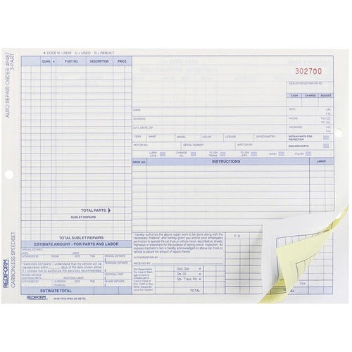 Rediform  Auto Repair Order Form, Speediset,3-Part,50/PK,8-1/2"x11"