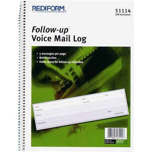 Rediform  Follow Up Voice Mail Log Book,10-5/8"x8" Detached Form Sz,WE
